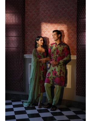 Astha Narang - MEHENDI GREEN FLORAL KURTI SET - Image 3