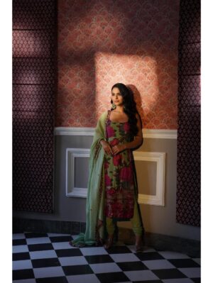 Astha Narang - MEHENDI GREEN FLORAL KURTI SET - Image 2