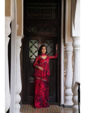 Astha Narang - CARAMINE CHIFFON FLORAL PEPLUM SET - Image 3