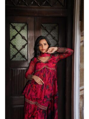 Astha Narang - CARAMINE CHIFFON FLORAL PEPLUM SET - Image 2