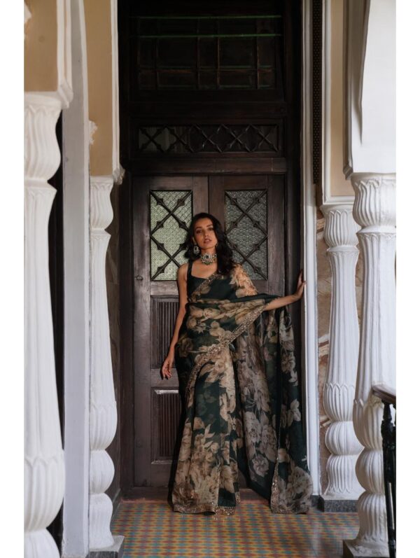 Astha Narang - BOTTLE GREEN FLORAL SAREE SET