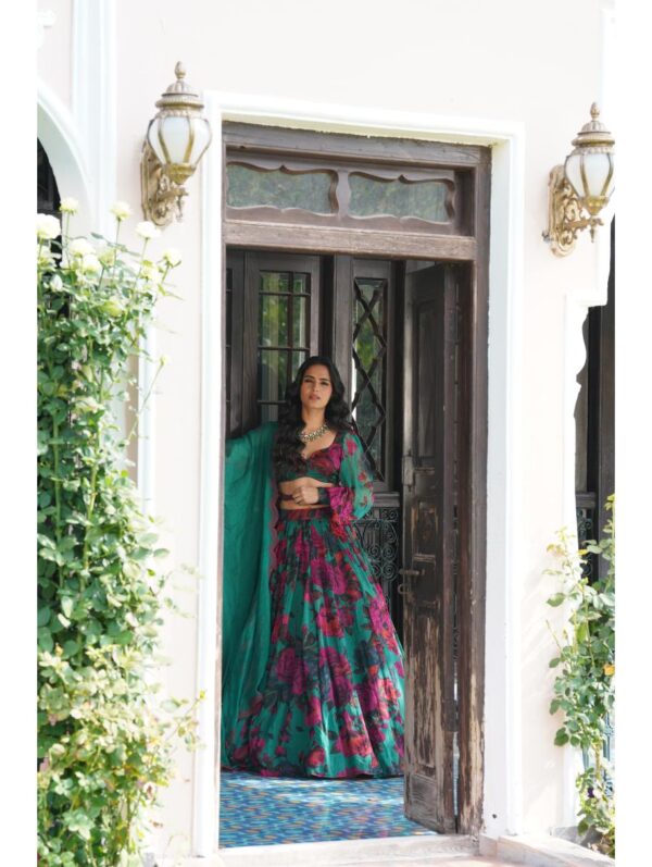 Astha Narang - TEAL GREEN CHIFFON FLORAL LEHENGA SET