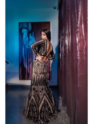 Mehul Gupta - A black sequins & cut dana embroidered nude lehenga skirt - Image 4