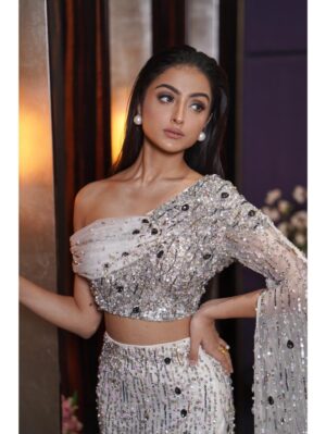 Mehul Gupta - Silver sequins embroidered draped blouse with fitted skirt - Image 3