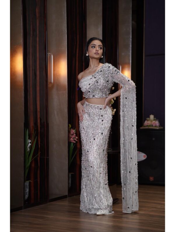 Mehul Gupta - Silver sequins embroidered draped blouse with fitted skirt