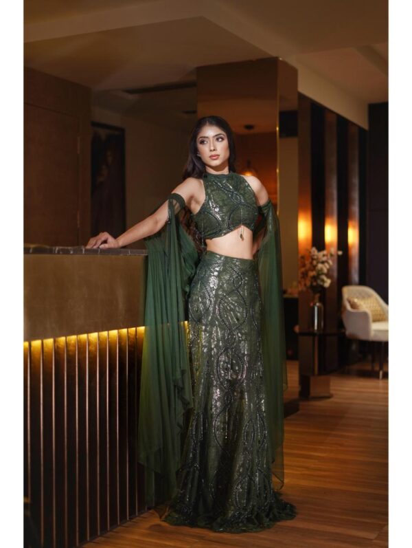 Mehul Gupta - green crystals and cut dana embroidered lehenga