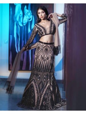 Mehul Gupta - A black sequins & cut dana embroidered nude lehenga skirt - Image 2