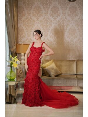 Mehul Gupta - 3d flowers cut dana & sequin embroidered gown with trail - Image 5