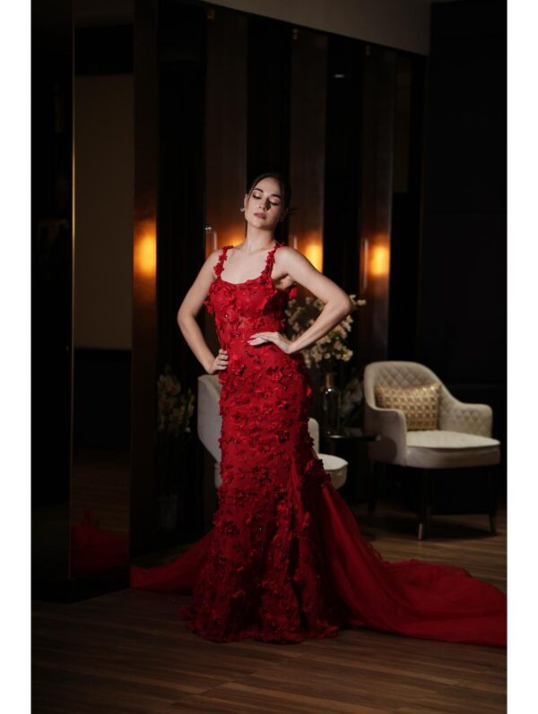 Mehul Gupta - 3d flowers cut dana & sequin embroidered gown with trail