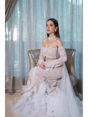 Mehul Gupta - White reflecting sequins, pearls & 3d frills embroidered fitted fish style skirt - Image 2