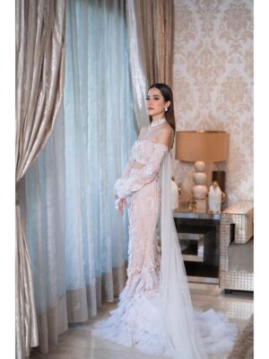 Mehul Gupta - White reflecting sequins, pearls & 3d frills embroidered fitted fish style skirt - Image 6