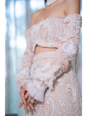 Mehul Gupta - White reflecting sequins, pearls & 3d frills embroidered fitted fish style skirt - Image 5