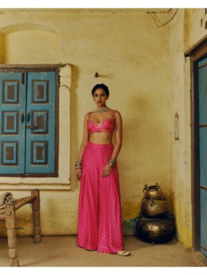 Drishti & Zahabia-RANI PINK CROP TOP WITH BOX PLEAT PALAZO PANTS - Image 2