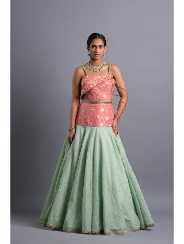 Aastha Sood - Rose pink brocade draped elongated bodice