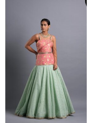 Aastha Sood - Rose pink brocade draped elongated bodice - Image 2