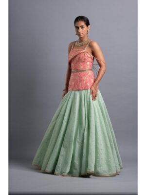 Aastha Sood - Rose pink brocade draped elongated bodice - Image 4