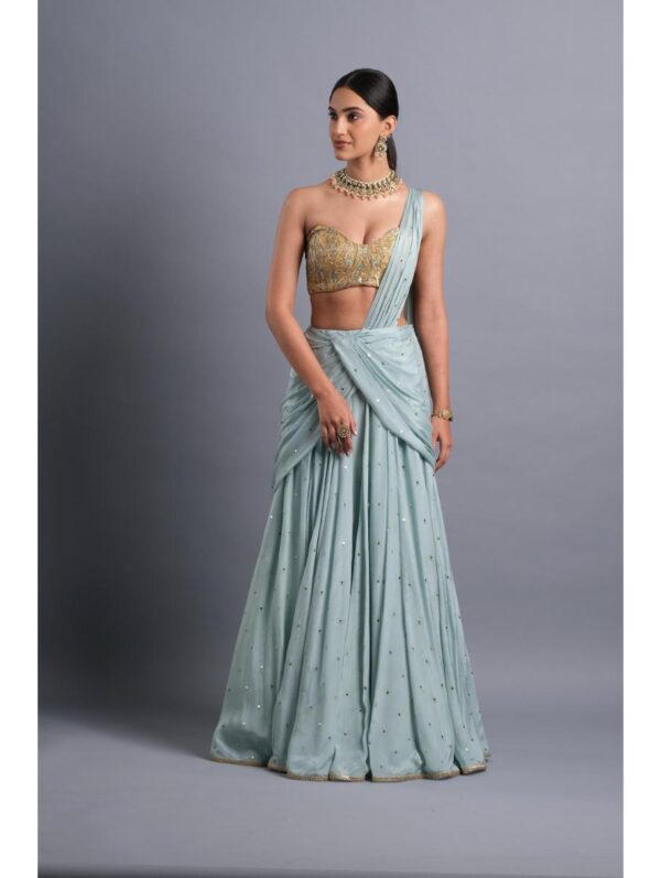 Aastha Sood - Sky blue chiffon flared lehenga sari