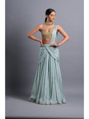 Aastha Sood - Sky blue chiffon flared lehenga sari - Image 2
