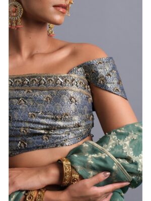 Aastha Sood - Draped hand embroidered midnight blue brocade blouse - Image 6