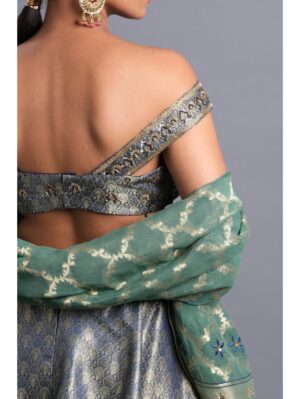 Aastha Sood - Draped hand embroidered midnight blue brocade blouse - Image 8