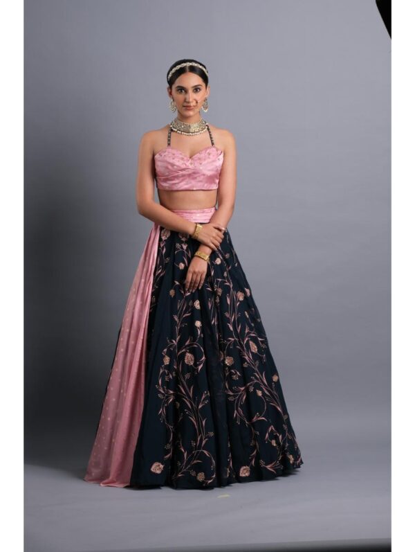 Aastha Sood - Midnight blue embroidered organza lehenga