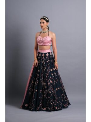 Aastha Sood - Midnight blue embroidered organza lehenga - Image 2