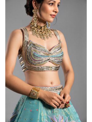 Aastha Sood - Aqua silk tissue lehenga - Image 6