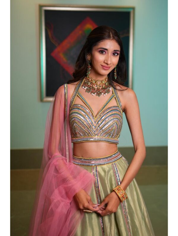 Aastha Sood - Green silk tissue lehenga