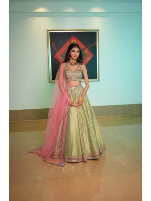 Aastha Sood - Green silk tissue lehenga - Image 2