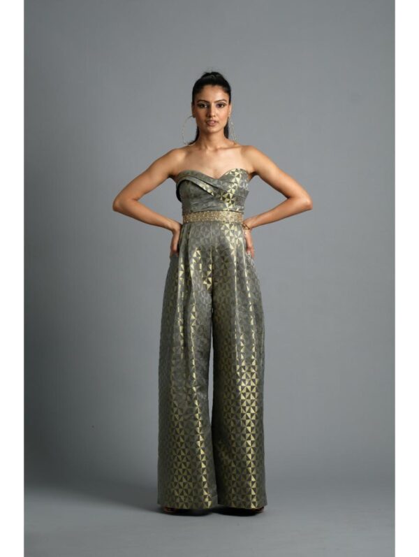 Aastha Sood - Geometric grey brocade jumpsuit