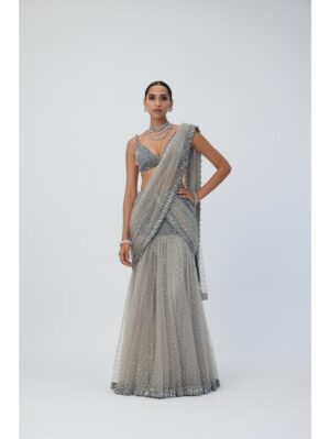 Vvani Vats - Crystal Grey Sequin Scattered Pre Draped Saree Set - Image 2