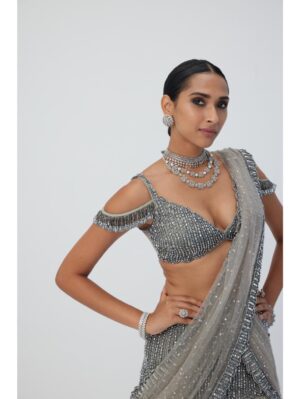 Vvani Vats - Crystal Grey Sequin Scattered Pre Draped Saree Set - Image 4
