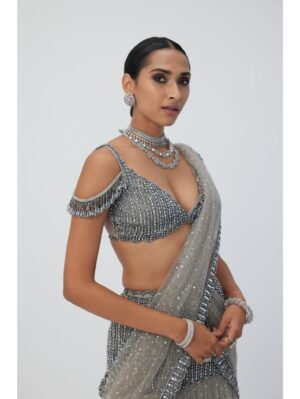 Vvani Vats - Crystal Grey Sequin Scattered Pre Draped Saree Set - Image 5