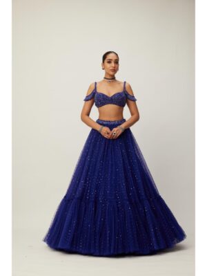Vvani Vats - cocktail Blue Sequins Scattered Tulle Lehenga Set - Image 2