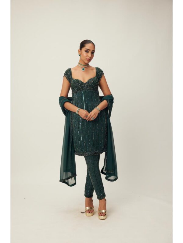 Vvani Vats - Dark Jade Green crystal Embellished Kurta Set