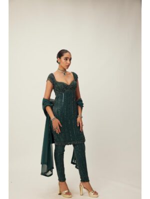 Vvani Vats - Dark Jade Green crystal Embellished Kurta Set - Image 2