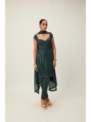 Vvani Vats - Dark Jade Green crystal Embellished Kurta Set - Image 3