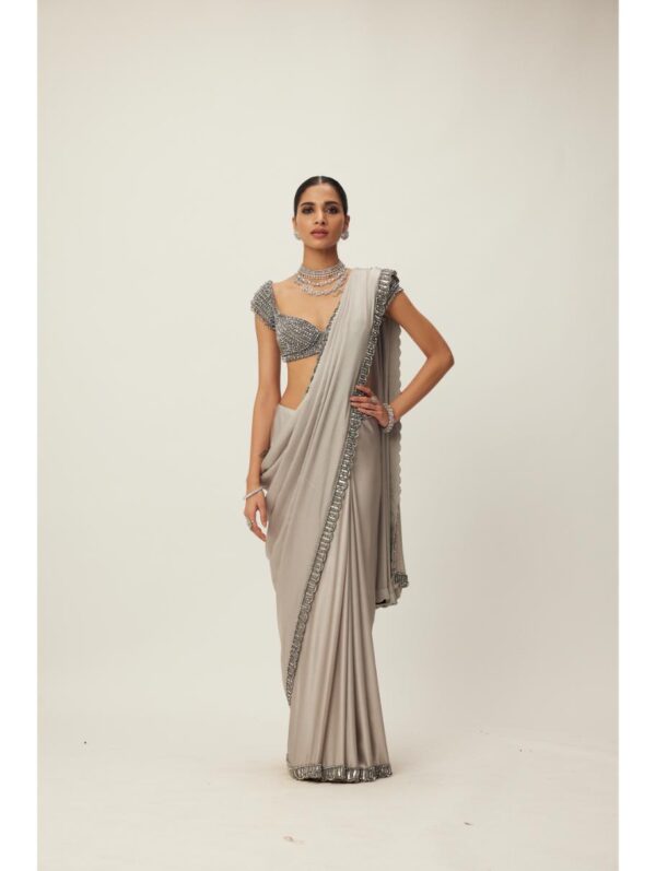 Vvani Vats - Crystal Grey Satin Saree Set