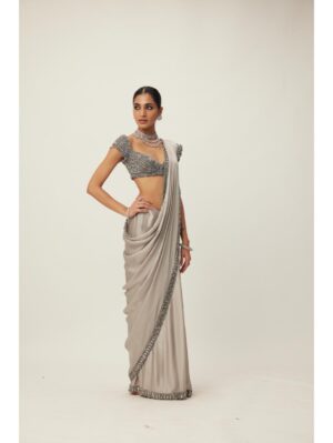 Vvani Vats - Crystal Grey Satin Saree Set - Image 3