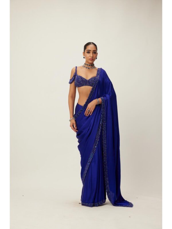Vvani Vats - Cocktail Blue Satin Saree Set