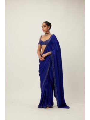 Vvani Vats - Cocktail Blue Satin Saree Set - Image 4